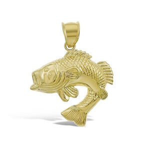 Sea Bass Fish Pendant Charm 10k Yellow Gold 1.2 inch
